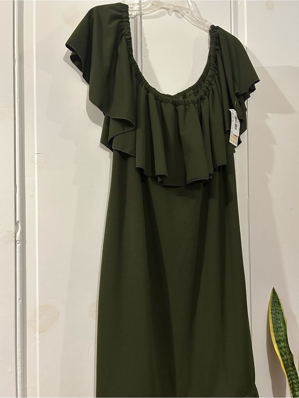 Olive Green Ruffled Off-Shoulder Women's Dress